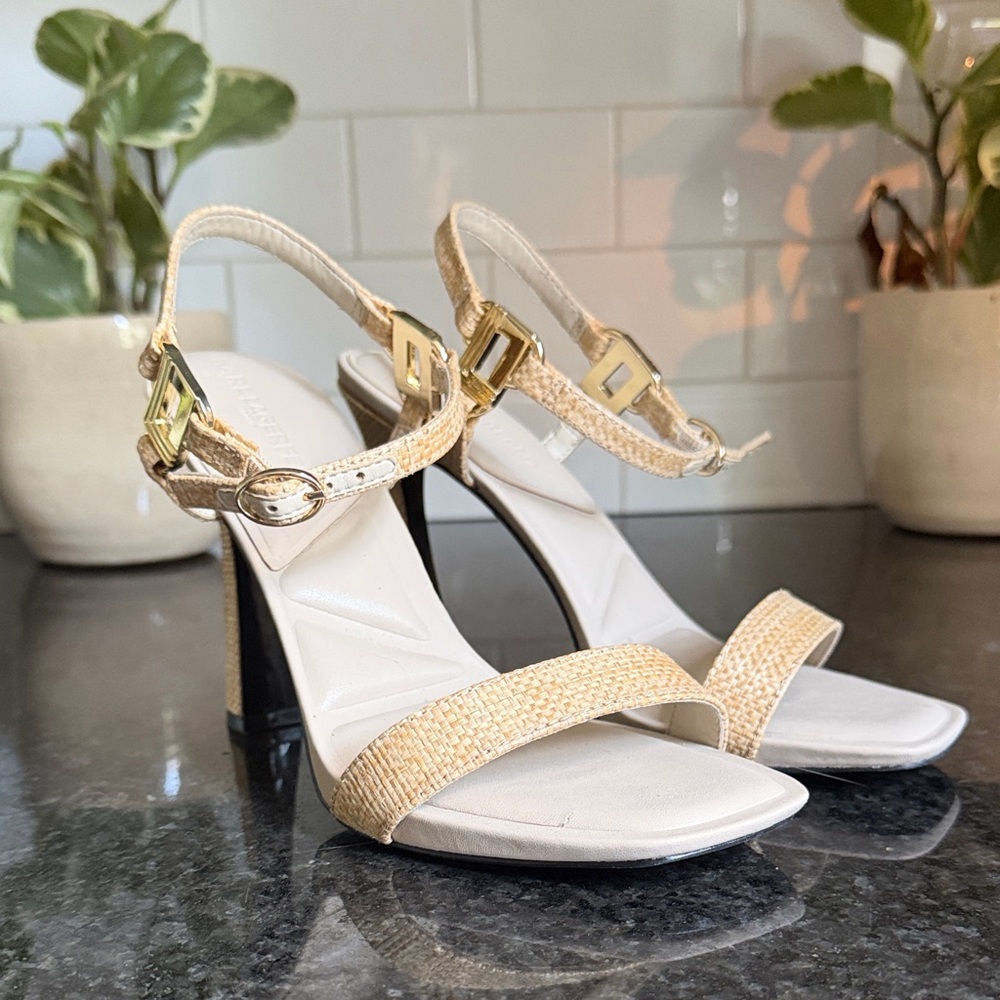 Women's Gold Raffia Strap Heeled Sandals